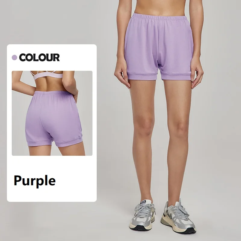 Women's Yoga Shorts Pure Color Cotton Loose Breathable Sports Shorts Anti-See-Through Elastic Fitness Shorts Summer Purple