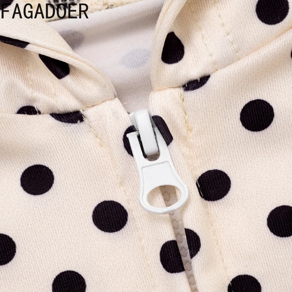 FAGADOER ريترو موضة البولكا نقطة طباعة 2 قطعة مجموعة المرأة طويلة الأكمام مقنعين البريدي سترة السراويل مطابقة الإناث الشارع الشهير جديد