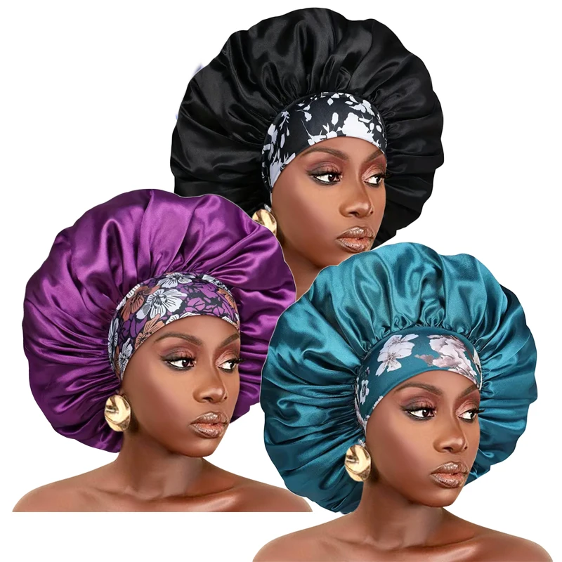 3 TEILE/LOS Extra Große Satin Schlaf Kappen Für Frauen Haar Bonnets für Schlafen Zöpfe Lockige Nacht Kappe Bad Dusche Kappe Zubehör – Detail 8