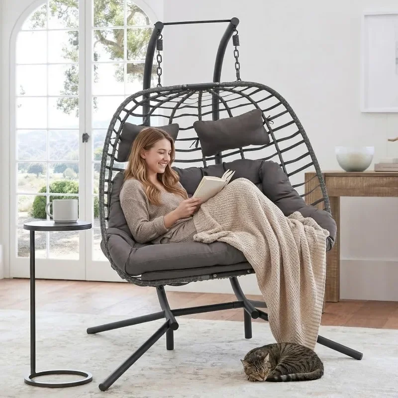 Double Egg Swing Chair with Stand for Outdoor, Patio Hand Made Rattan Wicker 2 Double Hanging Egg Chairs Hammock Chair with UV