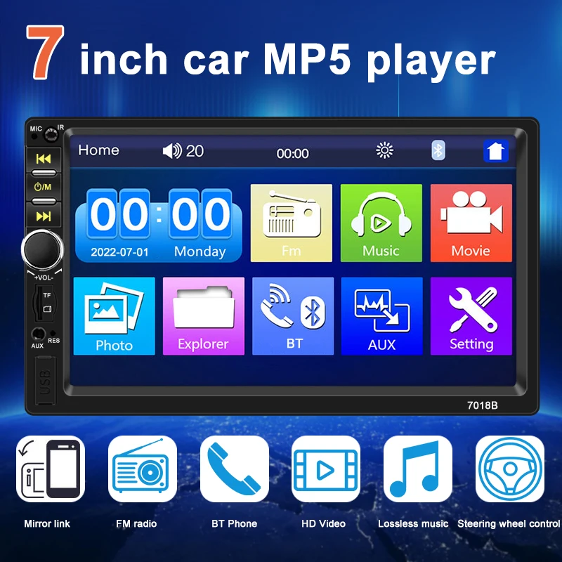 Carplay7'' Car Radio 7018B Mirror-Link Multimedia Player Bluetooth EQ Remote Control FM/USB/MP3 4 Loud Speaker 2Din Car Stereo