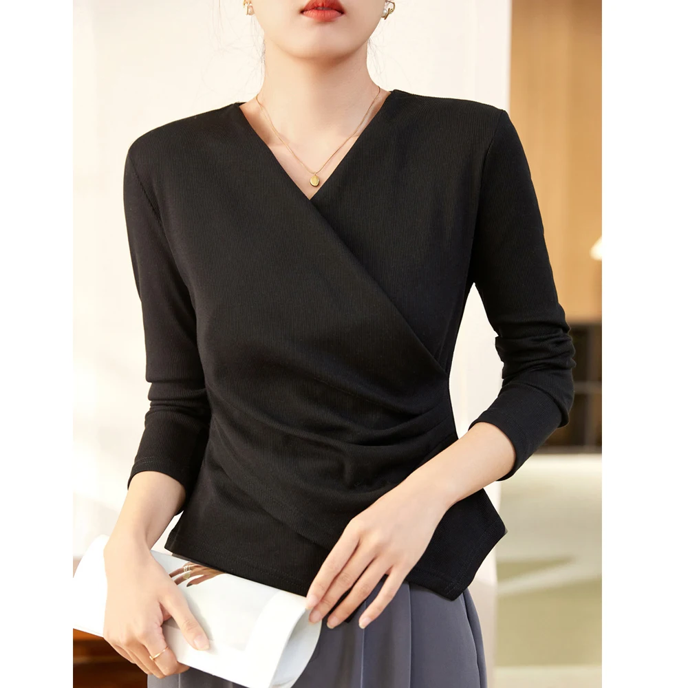 Europese stijl wijnrood T-shirt met lange mouwen voor dames herfst nieuwe katoenen mode plus size geplooide onregelmatige V-hals casual top