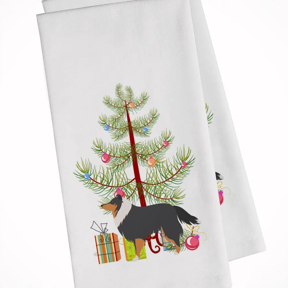 Sheltie Shetland Sheepdog Merry Christmas Tree White Kitchen Towel Set of 2