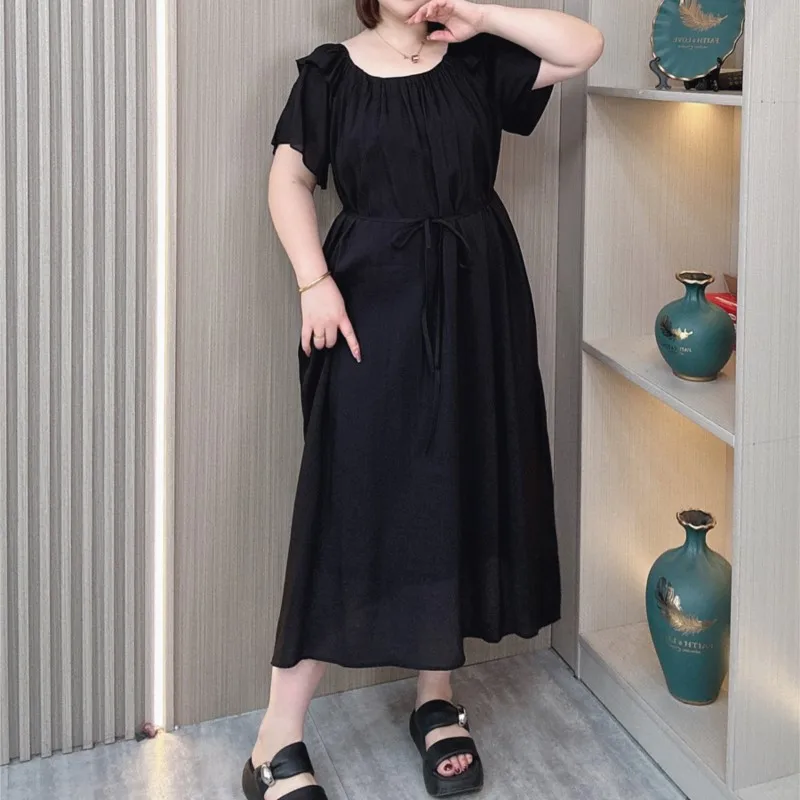 Lace-Up Waist Boat Neck Dress Female Summer New Plus Size Women\'s Fashion Cool Short Sleeved Long Dress