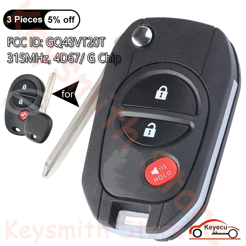 

KEYECU 3 Buttons 315MHz for Toyota Highlander Sequoia Sienna Tacoma Tundra Auto Modified Flip Remote Control Key Fob GQ43VT20T