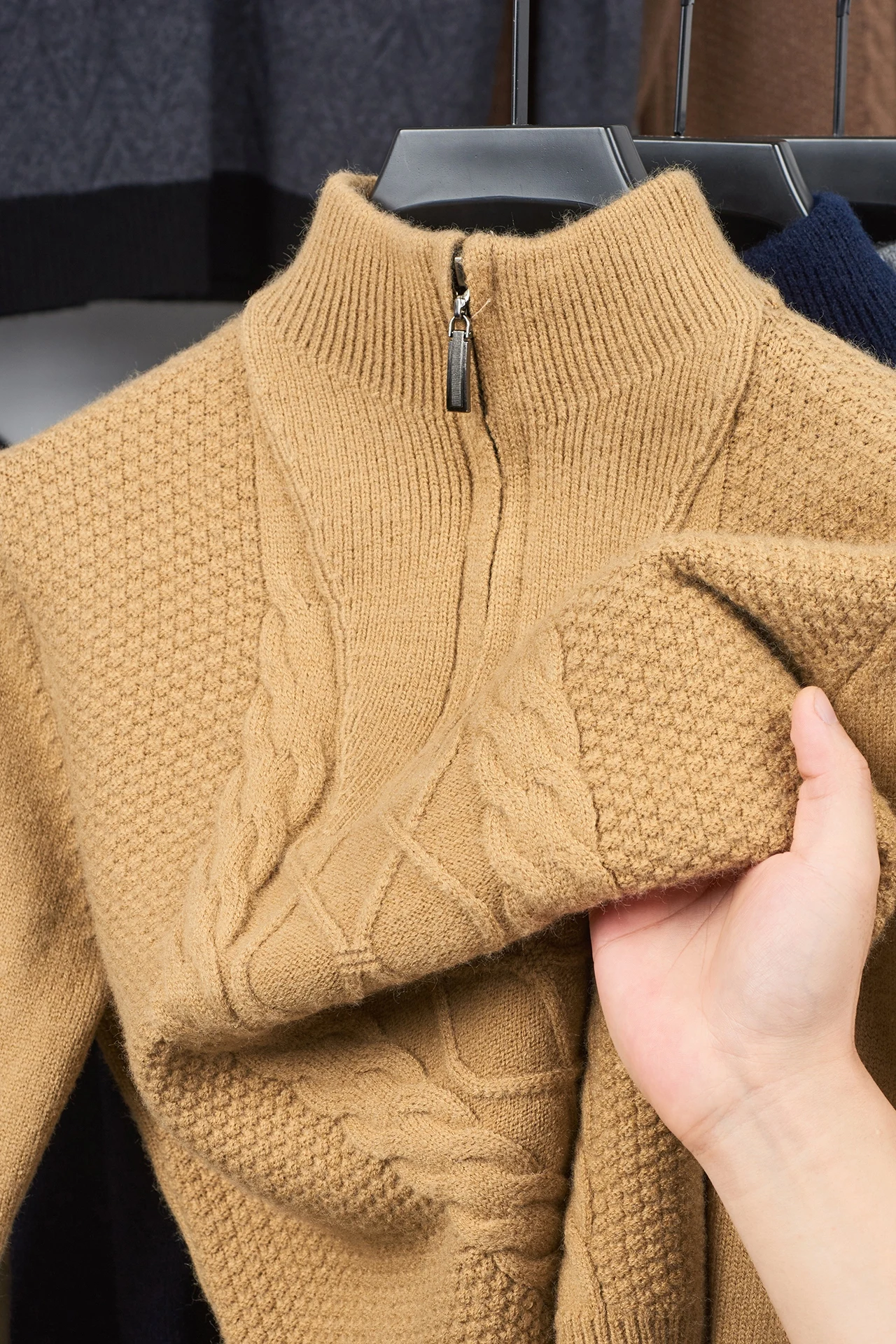 Men Thick Warm Zipper Collar Knitted Sweater Fashion Men Base Shirt Pure Color Sweater Autumn Winter Male Trend Pullover