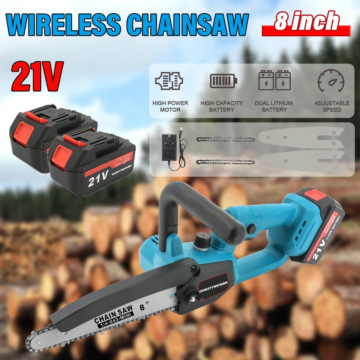 2 Battery 8 Inch Mini Cordless Chainsaw Handheld Electric Chainsaw Wood Cutter