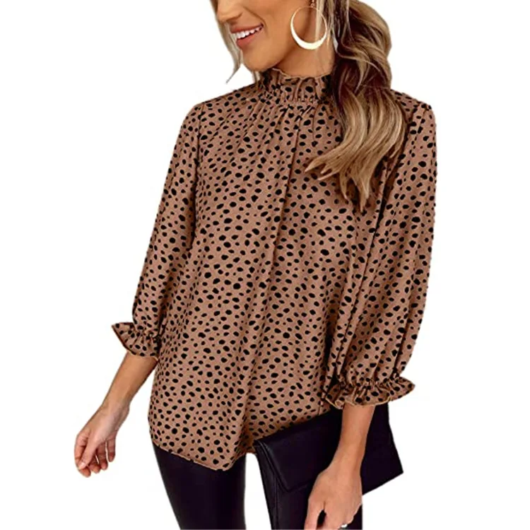 

Women's Leopard Printed Ruffle Hem Long Sleeve Mock Neck Blouses Top