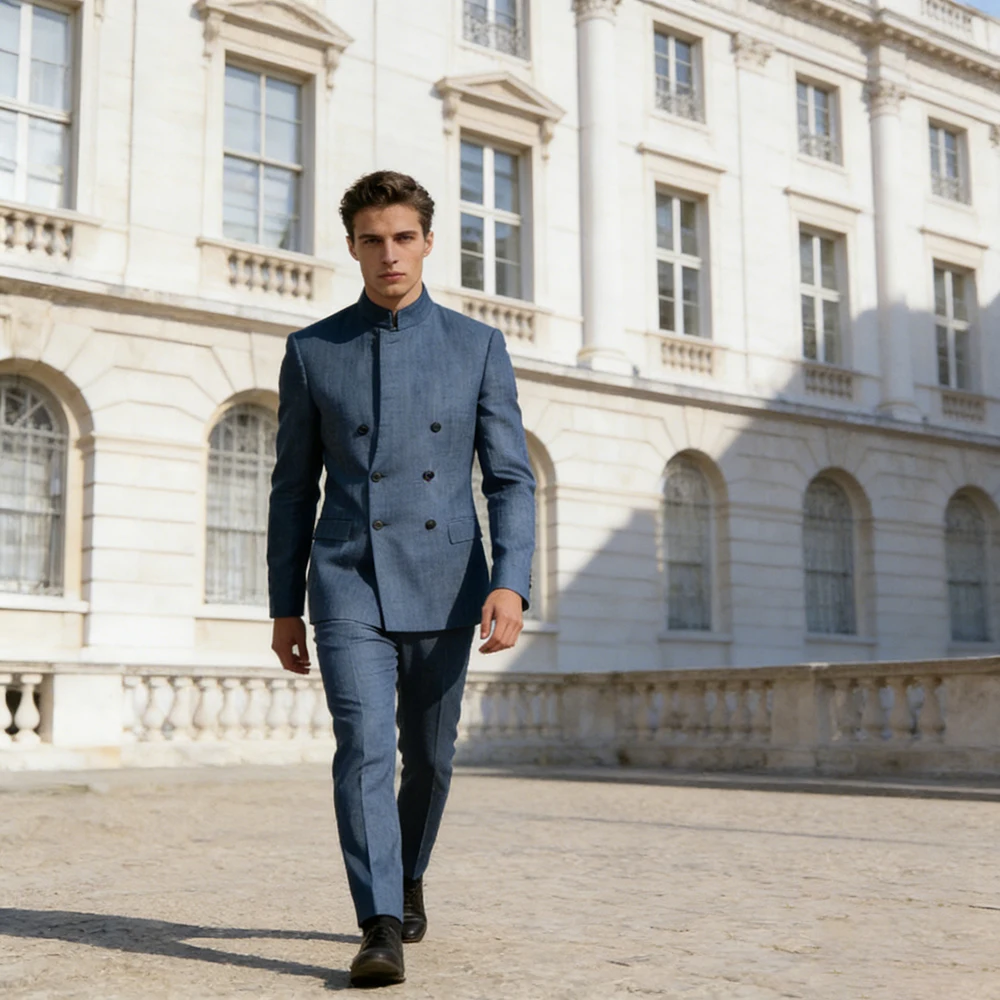 

Мужской костюм в стиле ретро: элегантный двубортный пиджак с воротником-стойкой и брюки, комплект из 2 предметов, высокое качество