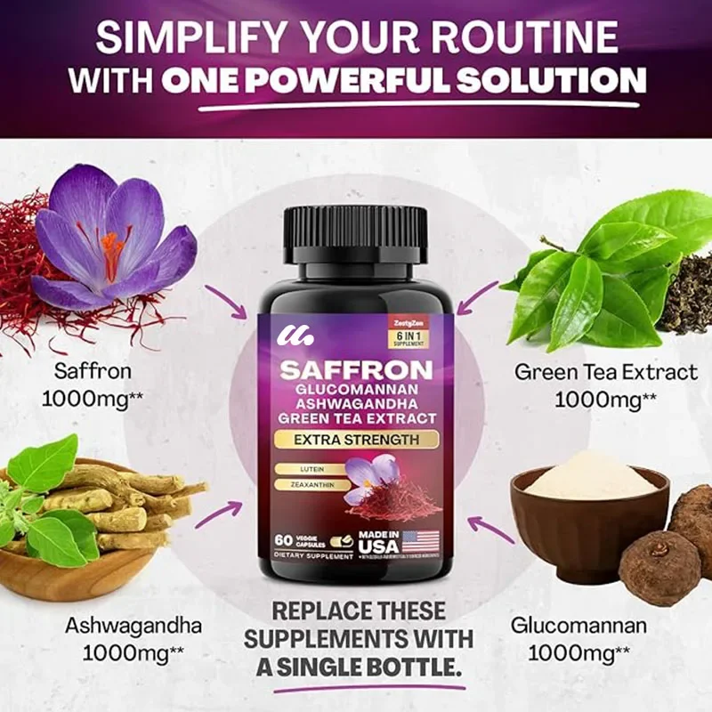 

Saffron supplement - glucomannan, South African eggplant,green tea extract,lutein,and zeaxanthin - pure saffron extract capsules