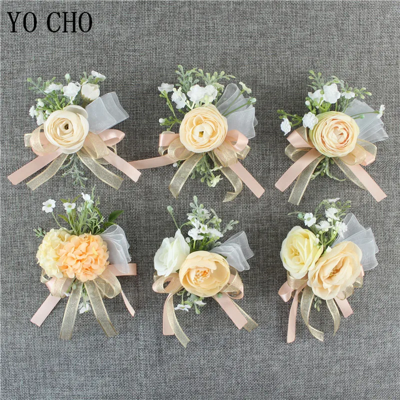 Meldel Tea Rose Flower Brooches For Women Wrist Corsage Bracelets Pink Brooch Wedding Boutonnieres Marriage Prom Accessories