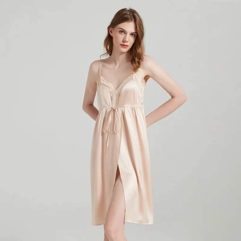 

Luxury Mulberry Silk Nightgown 100% Silk Sexy Women Dress Wholesale Silk Pajamas with Delicate Lace Details