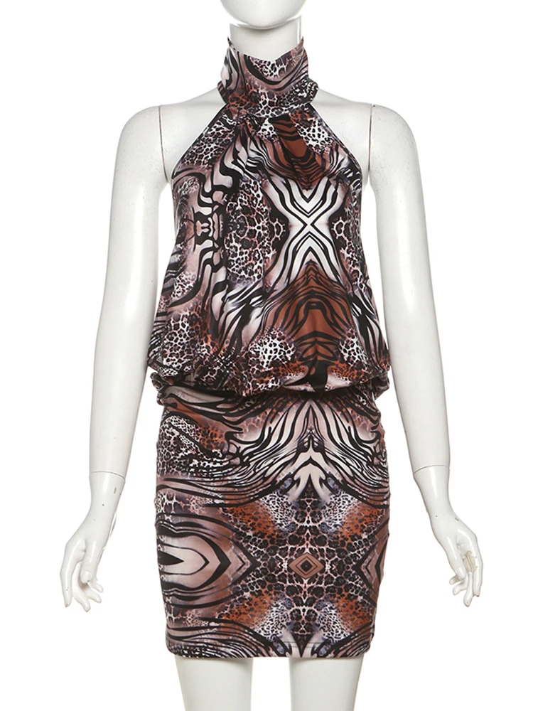 Seksowna sukienka mini typu halter z tygrysim wzorem, odkryte plecy, golf, elegancka, prosta, obcisła, podkreślająca biodra, idealna na ulicę i do klubu.