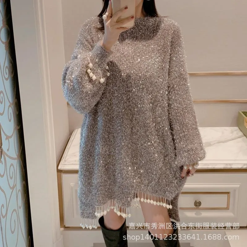 Women Fall Bright Silk O-Neck Beaded Pullovers Wild Irregular Knit Pearls Tassels Sweater Dress Long-sleeved Loose Knitwear Tops