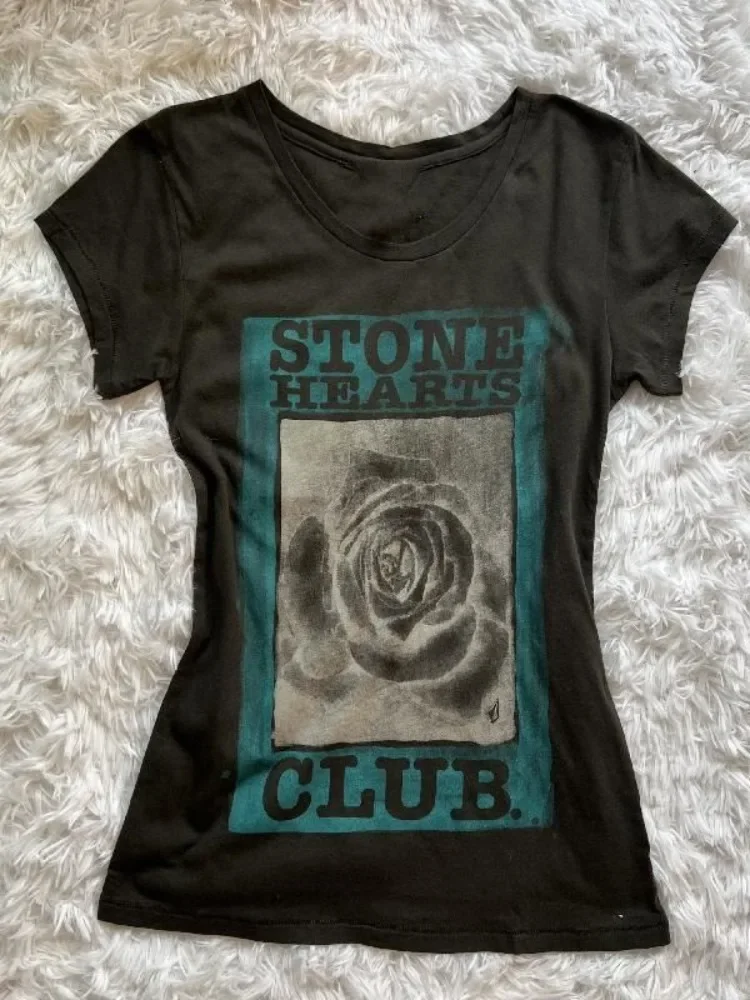 Rose Print Y2K T Shirt Women Vintage Short Sleeve Letter Harajuku Black Tees American Casual Female O Neck Dark Academic Tops