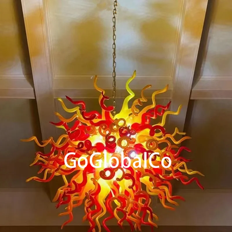 

GoGlobalCo Hand Blown Glass Ceiling Light with LED Bulbs Yellow Red Color Villa Hotel Lobby Chandelier Shopping Mall