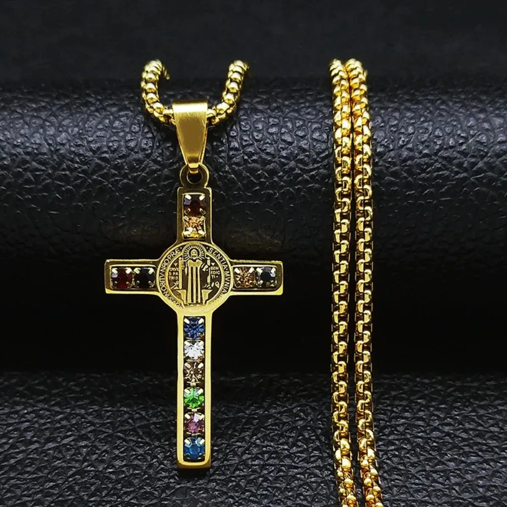 Collar de acero inoxidable con cruz de Jesús católico, colgante de cristal de San Benito, Virgen María, crucifijo, collares masculinos, joyería cruz