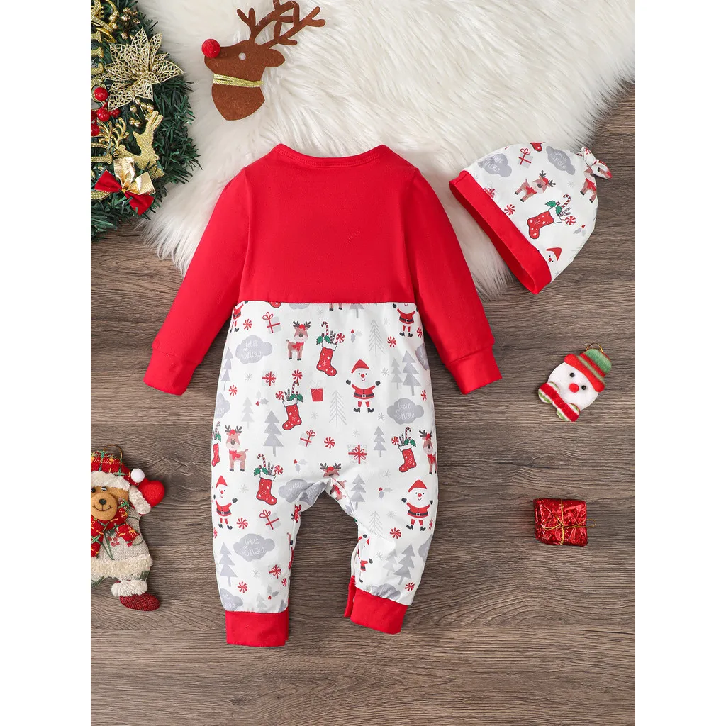 2PCS Baby Boy Christmas Romper Long Sleeved Santa Claus Print Jumpsuit+Hat Festival Party Costumes for Toddler Boy 0-2Years