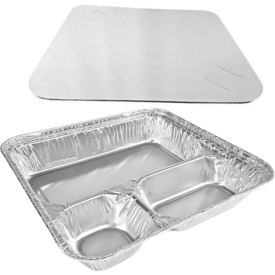 Sartén grande para llevar de papel de aluminio oblungo de 3 compartimentos con tapa de tablero para alimentación superior, bandeja para cena de TV, Ideal para preparación de comidas
