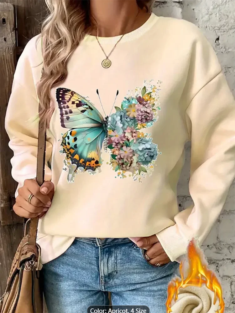 

Womens Apricot Sweatshirt Floral Butterfly Graphic Print Fleece Lined Casual Oversized Pullover Top for Nature Lover Pure Cotton