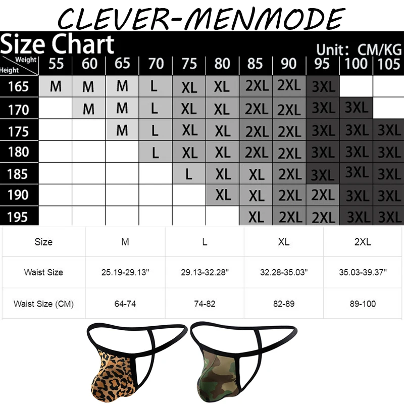 CLEVER-MENMODE Men\'s Sexy Thong Bulge Penis Pouch T Back Breathable Soft Underwear U Convex G String Bikini Leopard Print Male