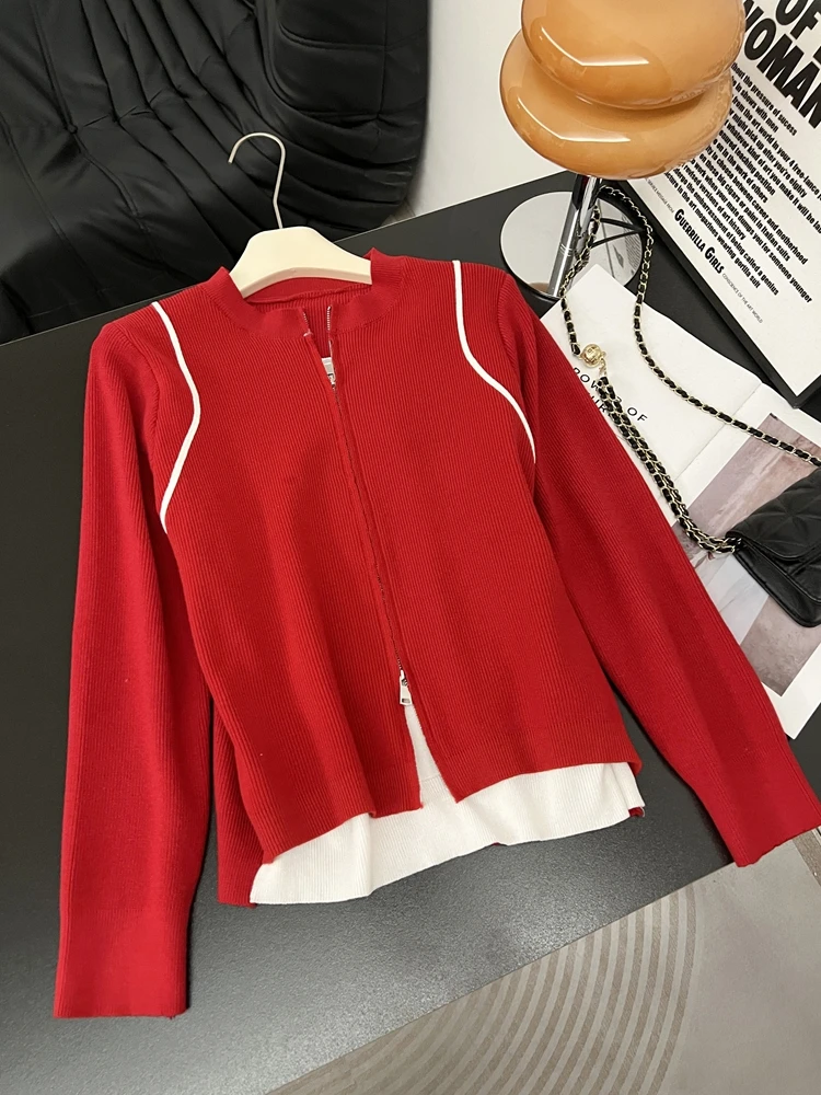 

plus Size Women's Knitted Open Cardigan Double Zipper Loose Belly Covering Slimming Top Color Blo Design Autumn Winter Wear