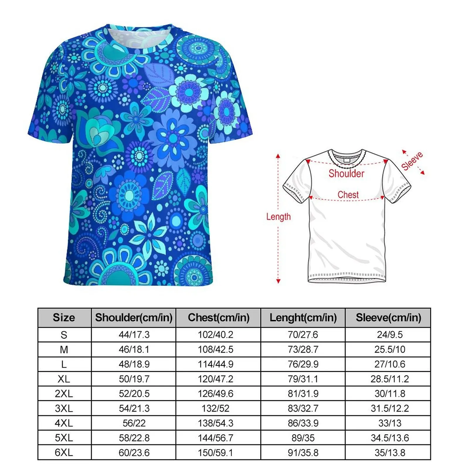 Plus Size T-Shirt Summer Blue Flower Dots T-Shirts Retro Floral Casual O Neck Tshirt Mens Novelty Design Tees