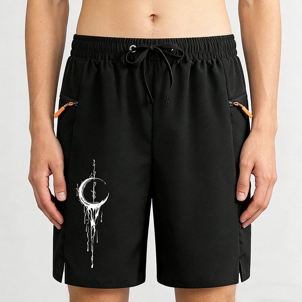 

Мужские черные повседневные шорты для бега, плавящиеся и капающие луны, графический принт, фитнес-пеший туризм, с карманами на молнии, завязкой на талии
