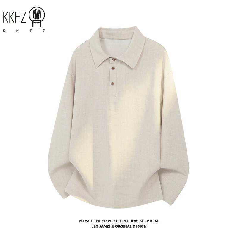 Men Lapel Collar Long Sleeve Polo Blouse Heather Slub Surface Texture Half Button Closure For Youth Casual Street Style