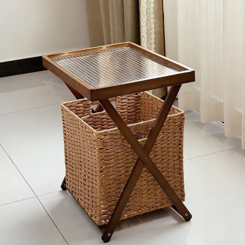 Bamboo Folding Corner Side Table Round Edge Wide Top Movable Living Room Couch Side Small Tea Table Space Saving  Tray Rack
