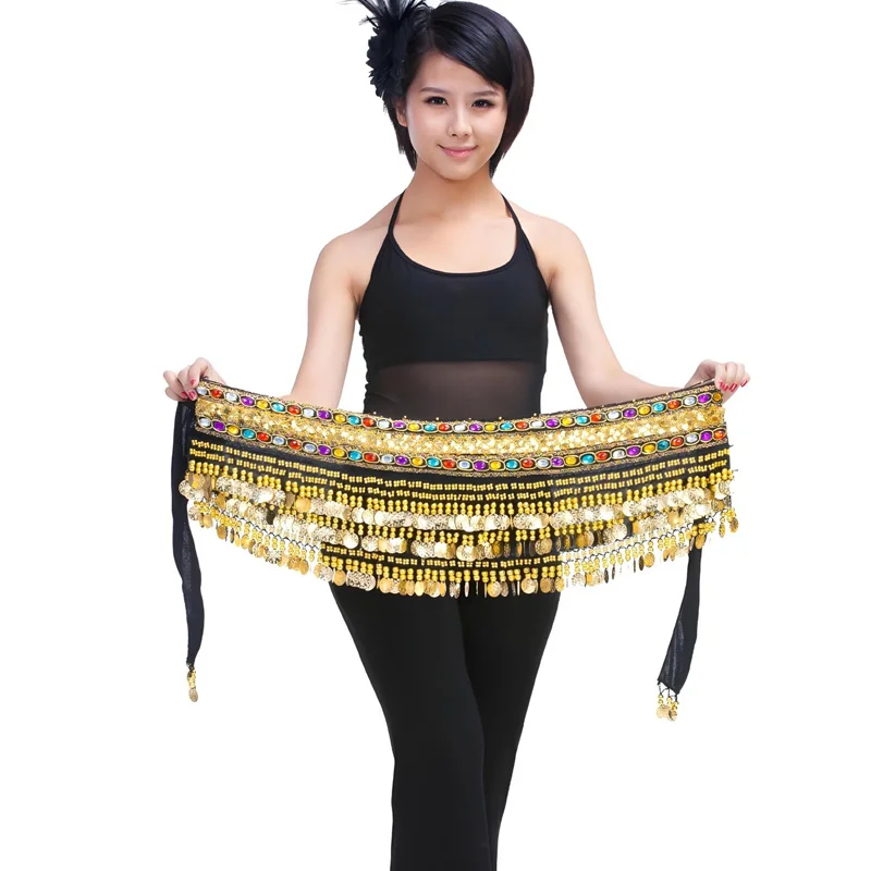 Women\'s Belly Dance Gold Coin Belt Shining Belly Dance Hip Scarf Velvet Indian Dance Costume Oriental Hip Scarf Wrap Skirt