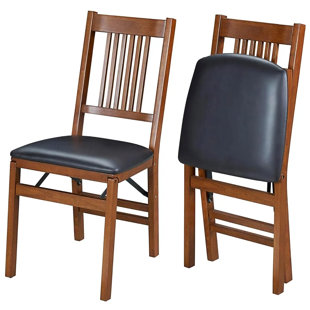 True Mission Solid Foldable Wood Dining Chairs, Fruitwood, 2 Pack | Folding Chair Set with with Black Vinyl Padded