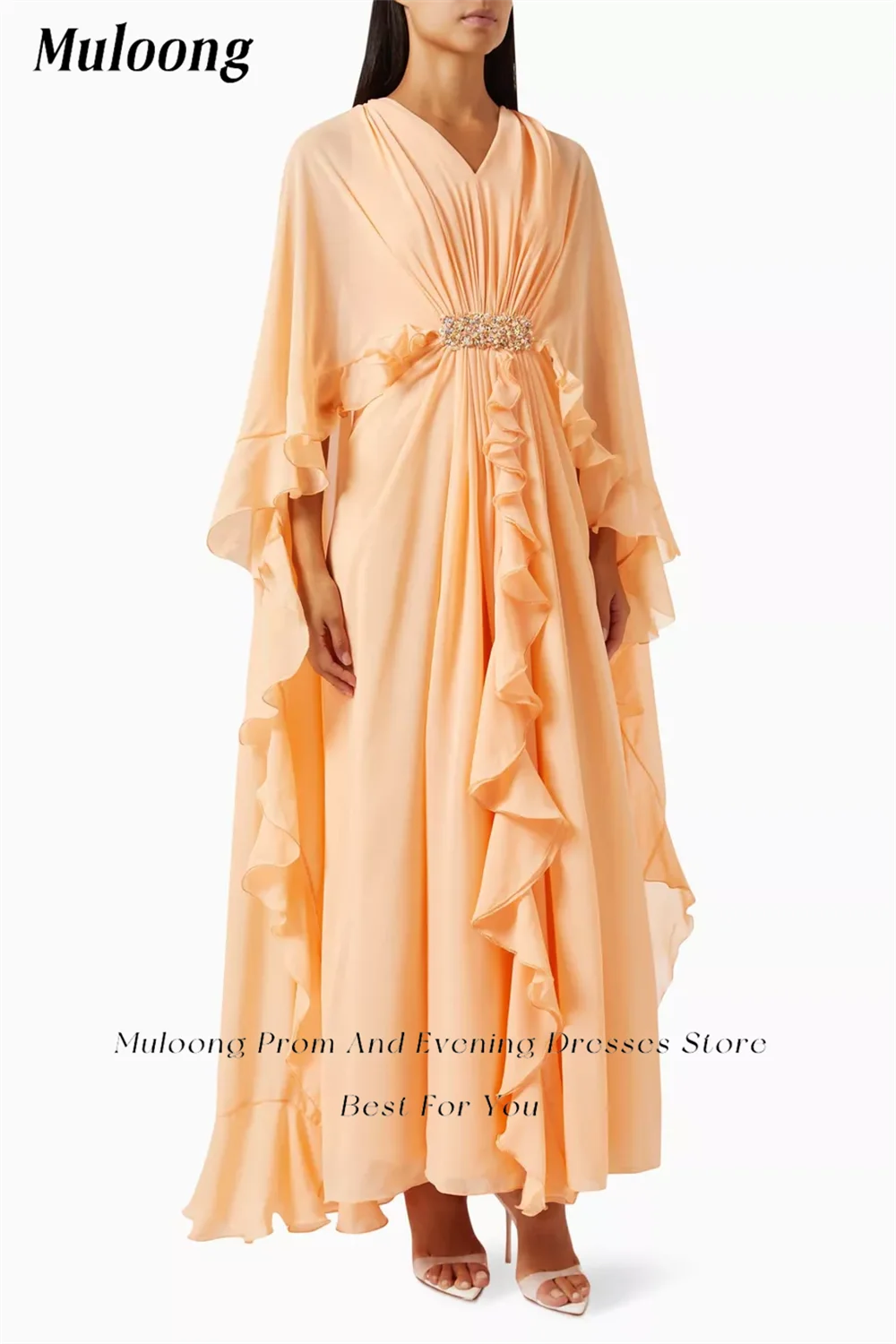 Muloong Peach V Neck A Line Maxi Dress Cape Sleeves Tonal ruffle Ankle Length Classic Evening Dress Beads Saudi Aribia Prom Gown