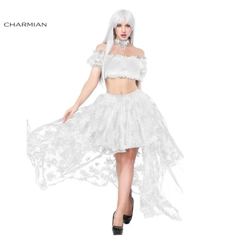 Charmian-المرأة مثير قبالة الكتف الأزهار الدانتيل تكدرت أعلى محصول ، ارتفاع الخصر مرونة تنورة منخفضة ، القوطية حفل زفاف مجموعة