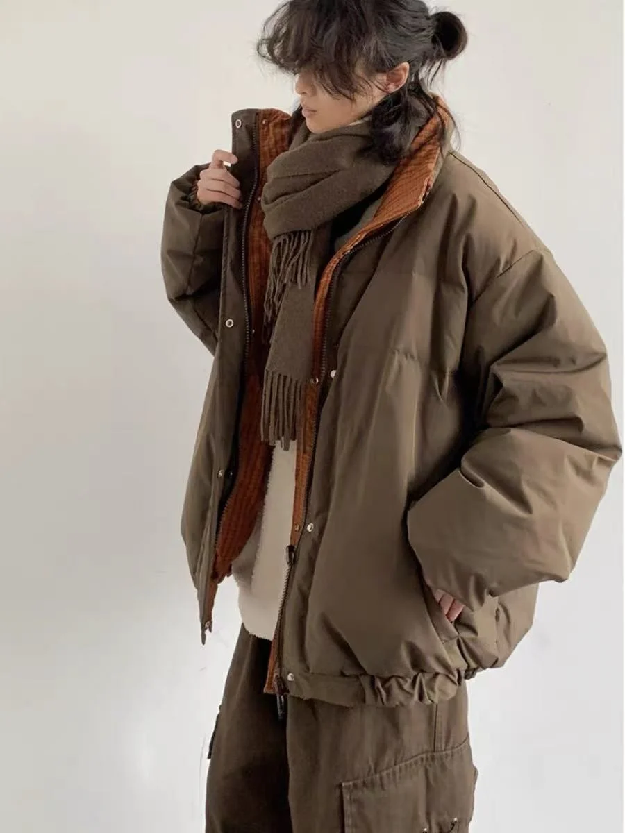 

Thickened Warmth Outerwear Patchwork Loose Fit Stand Collar Two-Sided Wear Bread Cotton Coat Men Women Casual Leisure Polyest...