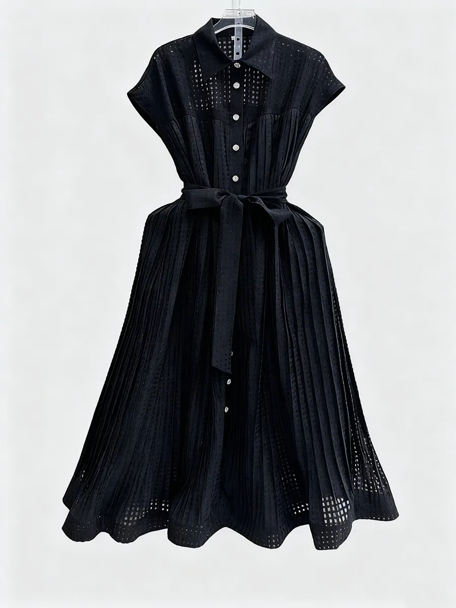 TWOTWINSTYLE Solid Sheer Spliced Shirring Casual Dresses for Women Lapel Sleeveless Patchwork Single Breasted Dress Female New