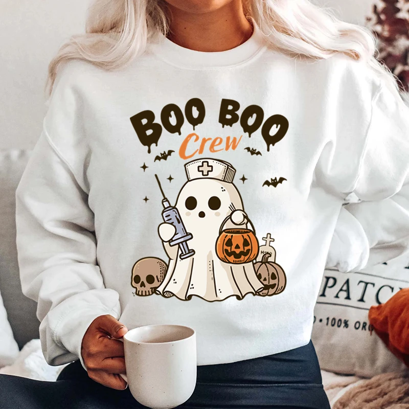 New Women Hoodless Sweatshirts Halloween Ghost Boo Boo Crew Print Round Neck Pullovers Fashion Cool Soft Ladies Casual Pullovers