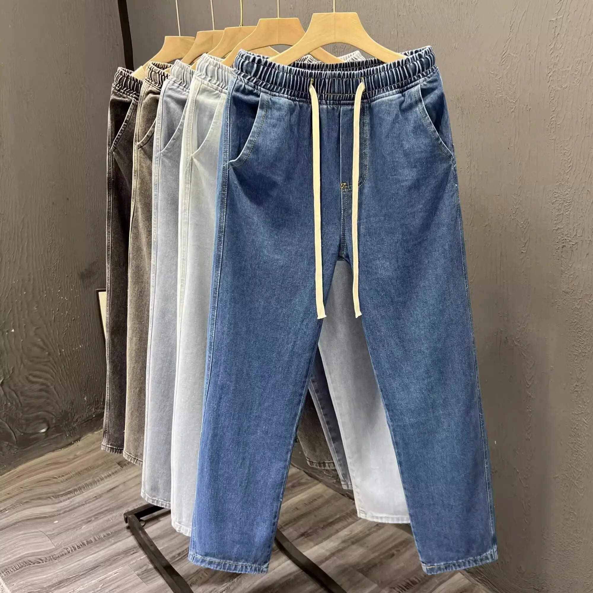 

Casual Straight Leg Jeans Men's Spring Autumn Workwear Elastic Waist Denim Pants Wear Resistant Multi Pocket Youth Fashion