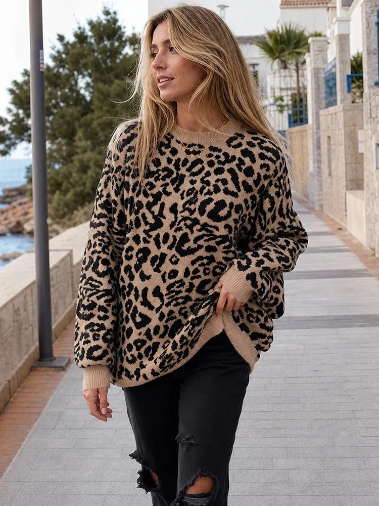 Leopardenmuster-Strickpullover, schicker Rundhals-Langarm-Pullover, lockerer Schnitt, Herbst 2026, neues lässiges Alltags- und Freizeit-Outfit für Damen – Detail 5