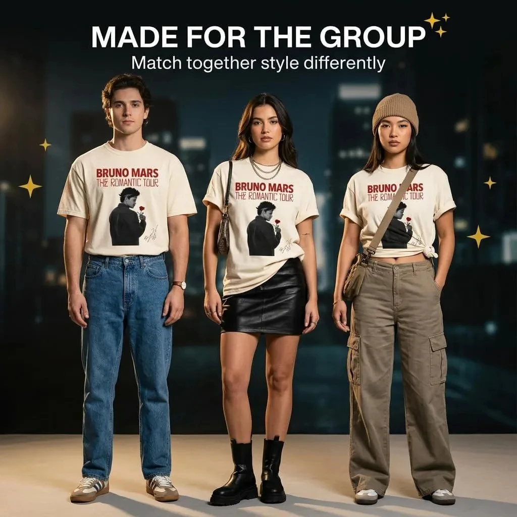 Bruno Mars The Romantic Tour 2026 T-shirt imprimé graphique vintage décontracté à manches courtes streetwear unisexe pour enfants et adultes Bruno Mars The Romantic Tour 2026 T-shirt imprimé graphique vintage décontracté à manches courtes streetwear unisexe pour enfants et adultes