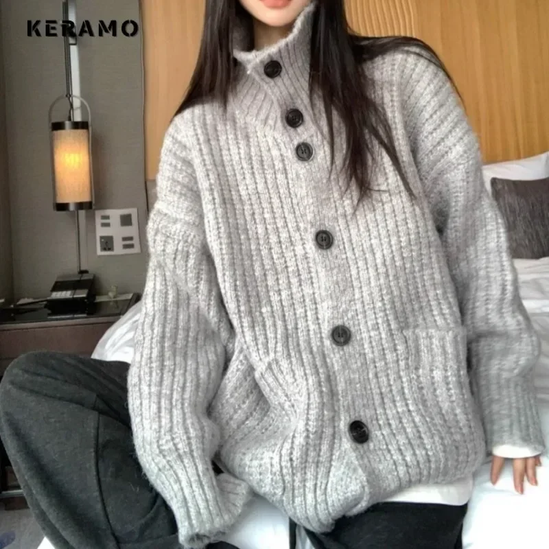 2024 Autumn Winter Women Casual Knitting Long Sleeve Grey Cardigans Fashion Vintage Solid Color Single Breasted Warm Sweater