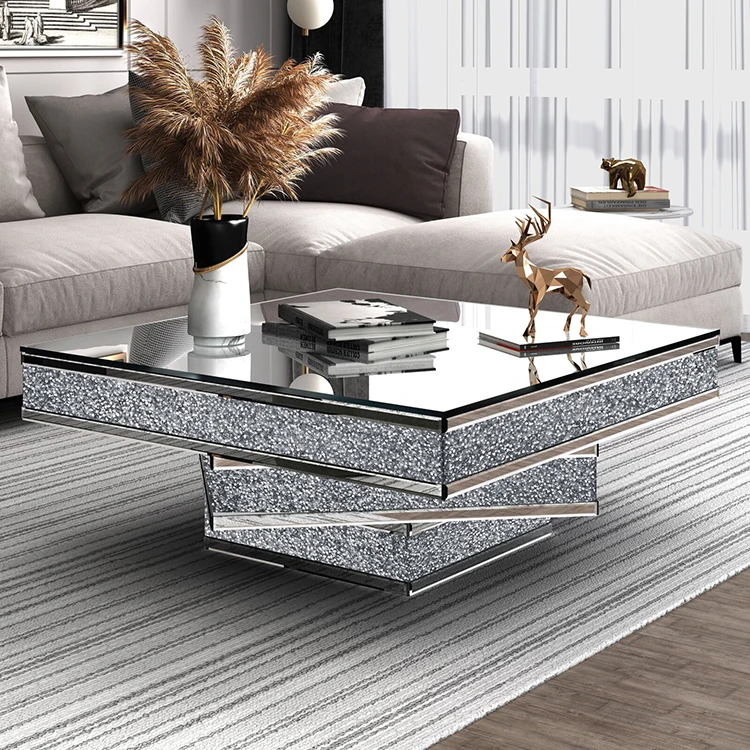 Verspiegelter Couchtisch mit silberner Glasplatte und zerkleinerter Diamant