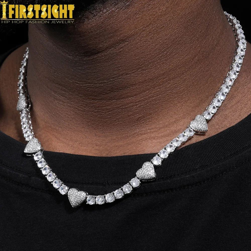 2025 New Iced Out Bling Heart Pendant Necklace Silver Color AAA Zircon 5mm Tennis Chain Charm Women Men Hip Hop Fashion Jewelry