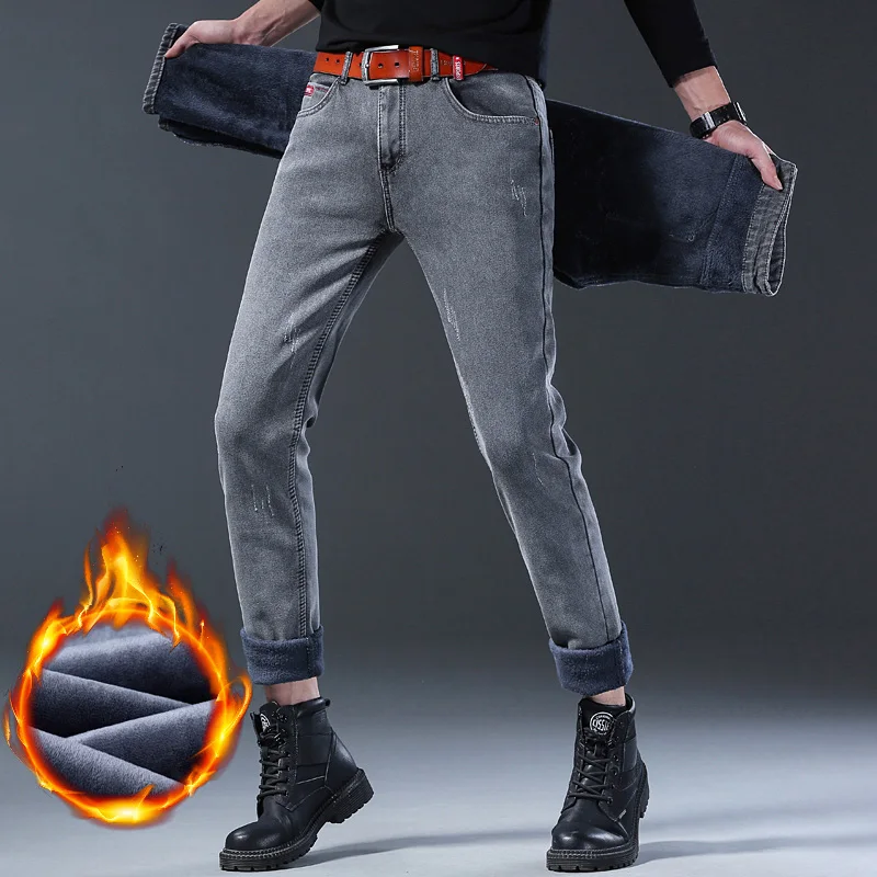 Winter New Men\'s Plush Warm Denim Pants Slim Straight Gentleman Slacks Fashion European American Style Stretch Men Luxury Jeans