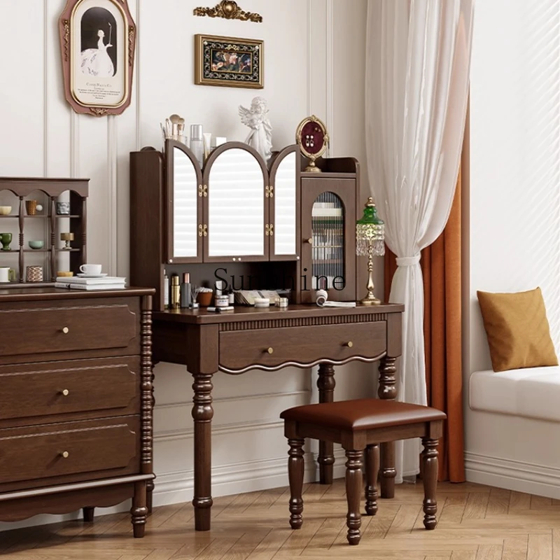

American retro solid wood dresser desk integrated antique makeup storage cabinet