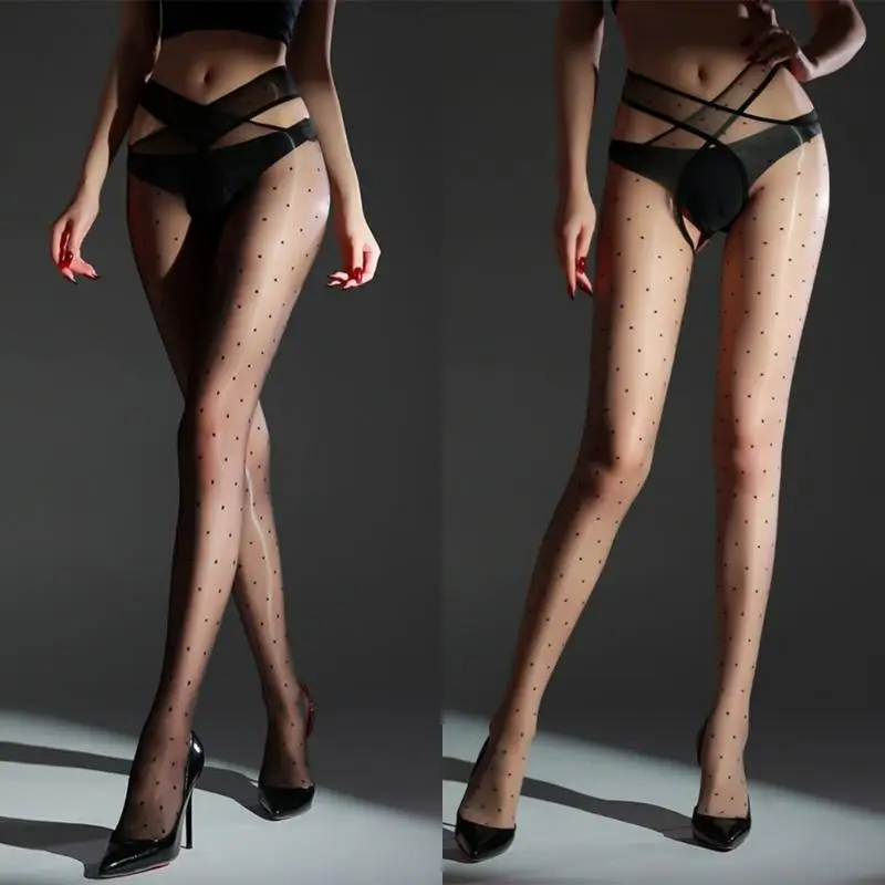 

Pole Dance Appropriate Women's Glossy Oil Transparent Pantyhose with Open Crotch