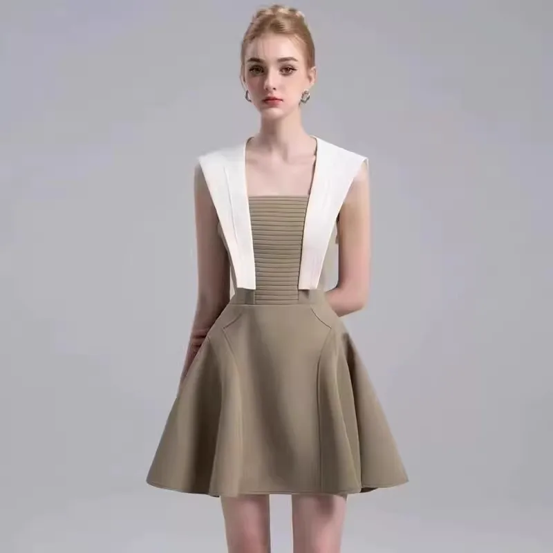 

Fashion Patchwork Big Swing Dresses Spring Women Sleeveless Square Neck Mini Dress Summer High Waist Zipper Casual Slim Dress