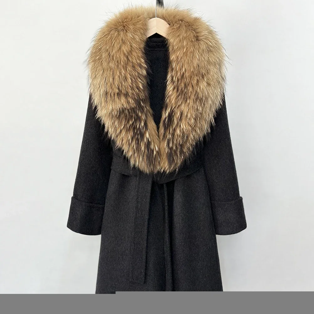 Véritable col de fourrure de renard manteau de fourrure de raton laveur naturel 2025 automne hiver nouvelles laine mélanges veste femmes simple boutonnage ceinture manteau de laine