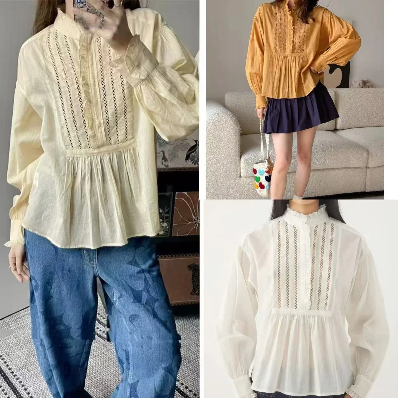 

Sweet Lace Trim Accordion Pleat Wood Ear Stand Collar irt Top French Sle Loose Fit Long Sve Cotton Summer New Arrival