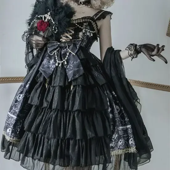 Abito da principessa Lolita con bretelle nere Goth giapponese abito Vintage da donna con stampa gotica che borda abiti da fata JSK senza schienale